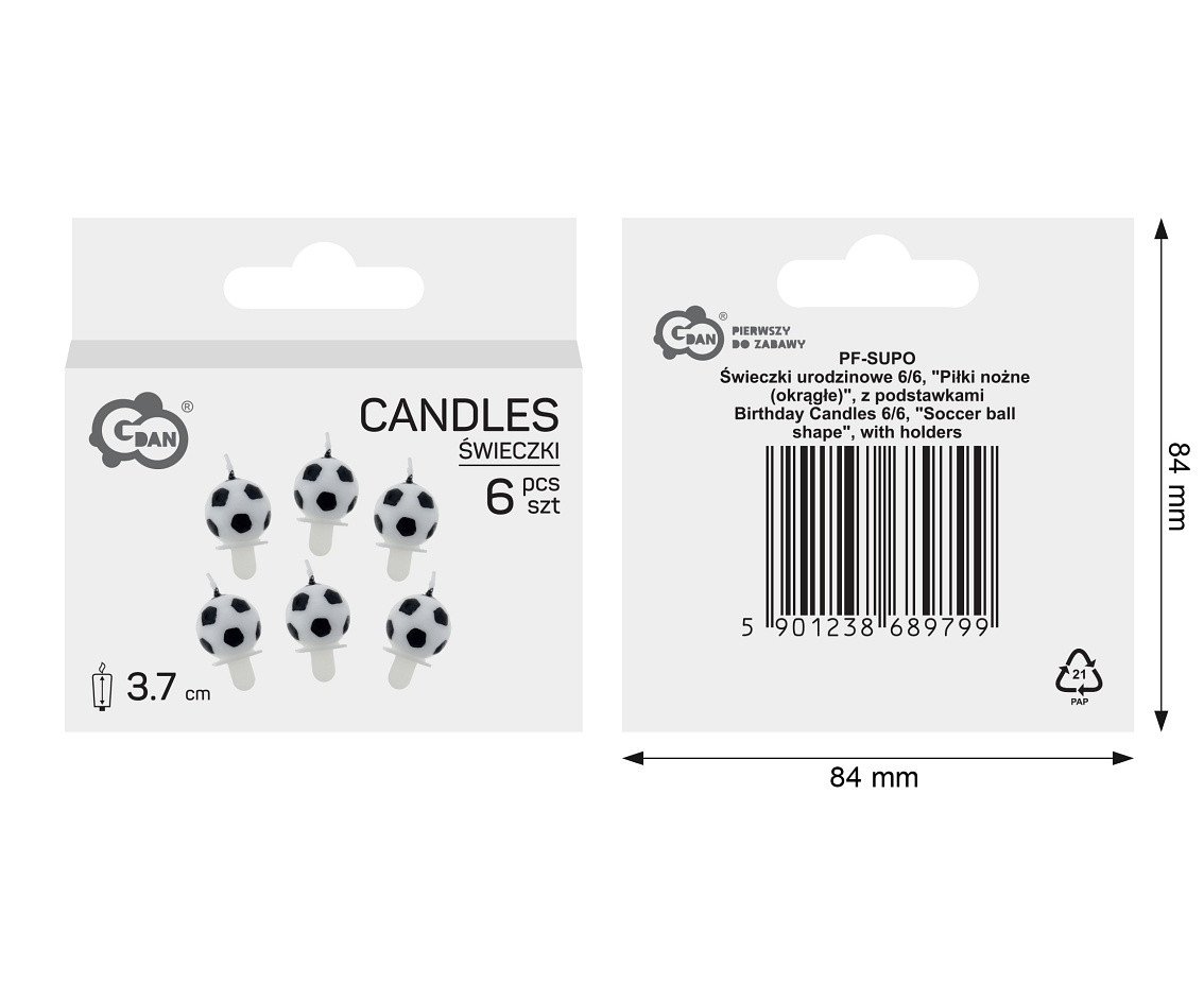 Birthday Candles 6/6, "Soccer ball shape", with holders